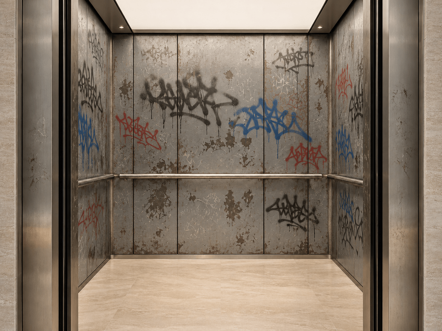 Refinished elevator wall panels before wrapping